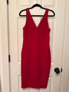 Lulu's Vibrant Red V-Neck Midi Sheath Dress
